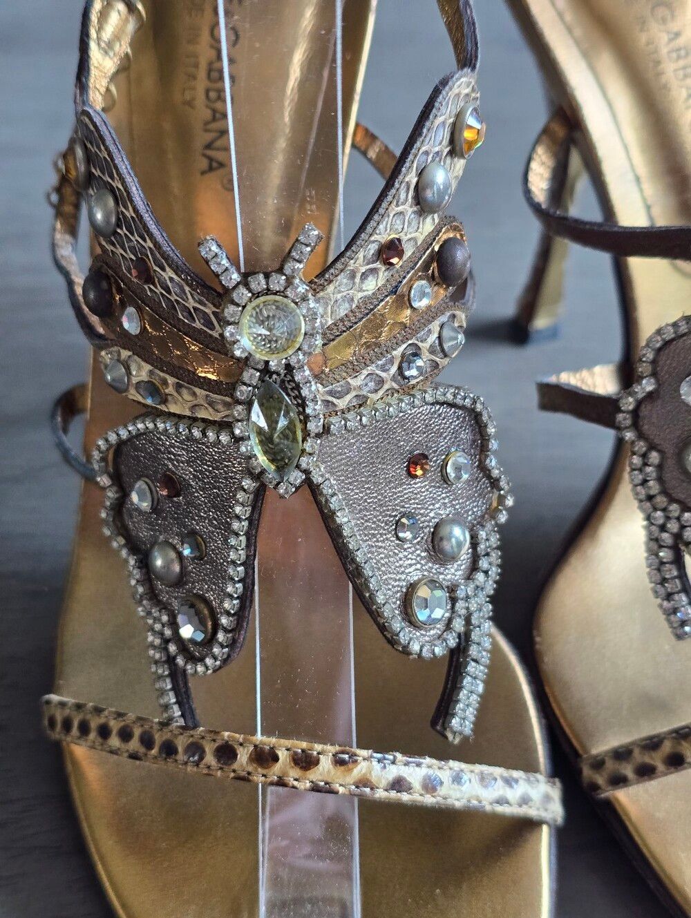 Dolce & Gabanna Crystal Butterfly Snakeskin Leather Heels Size 37/US 7 - Picture 5 of 11